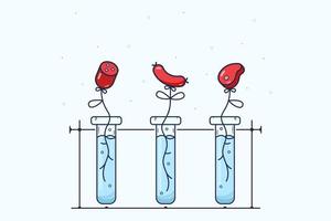 concepto sobre el tema de la carne falsa cultivada en laboratorio. matraz de tres pruebas con líquido azul y salchichas en crecimiento, hot dog y bistec. con preocupación por el medio ambiente. vector