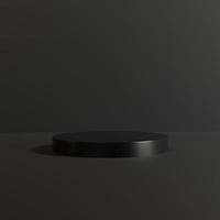 3D render of Cylinder podium with Black color on dark background.platform for product presentation minimal style. empty dark. Black pedestal for product showcase. photo