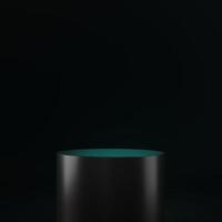 3D render of Cylinder podium with Black color on dark background.platform for product presentation minimal style. empty dark. Black pedestal for product showcase. photo