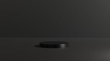 3D render of Cylinder podium with Black color on dark background.platform for product presentation minimal style. empty dark. Black pedestal for product showcase. photo