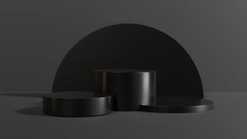 3D render of Cylinder podium with Black color on dark background.platform for product presentation minimal style. empty dark. Black pedestal for product showcase. photo