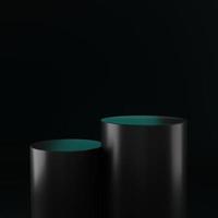 3D render of Cylinder podium with Black color on dark background.platform for product presentation minimal style. empty dark. Black pedestal for product showcase. photo