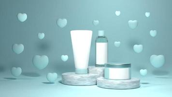 White cosmetic tube on the marble surface with hearts shapes, mock-up bottle for branding and label, 3D Render photo