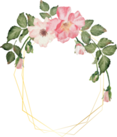 acquerello fioritura rosa ramo fiore mazzo ghirlanda distintivo oro telaio