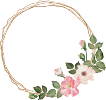 watercolor blooming rose branch with dry twig flower bouquet wreath round frame png