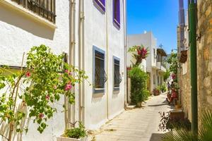 Narrow street in old town of Bodrum, Turkey . Beautiful scenic old ancient white houses with flowers. Popular tourist vacation destination photo