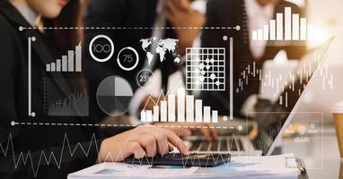 Investor analyzing stock market report and financial dashboard with business intelligence , with key performance indicatorsBusiness team meeting. Photo professional investor working new  project