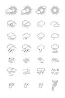 clima - conjunto de iconos de vector de línea. píxel perfecto. trazo editable. el conjunto contiene iconos sol, luna, nube, invierno, verano, lluvia, nieve, ventisca, paraguas, copo de nieve, amanecer, viento.