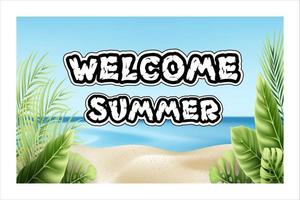 Summer greeting vector design. Welcome summer text in sand beach background with tropical season objects for holiday vacation outdoor picnic. Vector illustration.