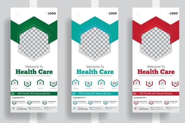 Elegant medical health care rollup banner template bundle. medical, 3d, advertising, background, banner, biochemistry, biology, blue, brochure, business promotion signage standee vector layout, advert