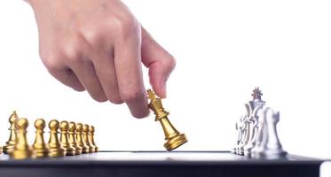 Business woman play Chess to success. Leader use strategy game to challenge competitor with intelligence leadership  power to move King to victory with management team idea battle to win, copy space photo