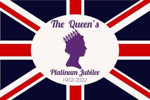 The Queen s Platinum Jubilee celebration. Silhouette profile of Elizabeth in the crown on the British flag background. Vector illustration for social networks, banners, web design.