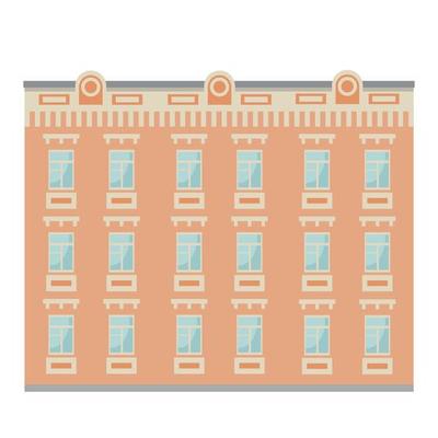 Urban apartment building in orange colors, flat vector, isolated on white background