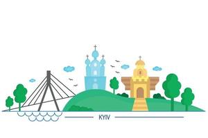 panorama de Kyiv en estilo plano, principales lugares de interés de la capital de ucrania, vector de dibujos animados de color aislado en blanco, inscripción Kyiv en inglés