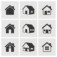9 símbolos o íconos de casas, tiendas, edificios aislados en negro. silueta del logotipo de la propiedad en venta, alquiler o venta. vector editable