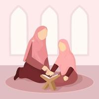 madre enseña a la hija a leer la ilustración islámica del corán