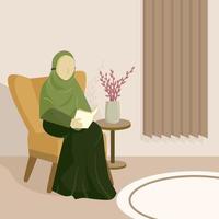 mujer musulmana leyendo un libro en la cómoda habitación vector