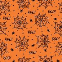 Spider web seamless vector pattern. Halloween symbol - sticky cobweb with insect, boo text. Black outline, simple sketch isolated on orange background. Illustration for holiday decor, art print