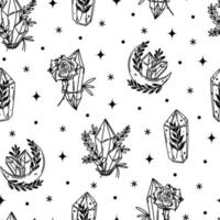 Magic crystal seamless vector pattern. Celestial quartz, flower, crescent moon, stars. Prism isolated on white. Black outline, sketch. Boho background for wrapping, textiles, wallpapers, cosmetics