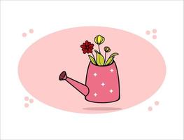 Illustrations Watering Can a Bouquet Pink Background vector