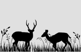 Two Deer with Grass Silhouette Illustrations Grey Background vector