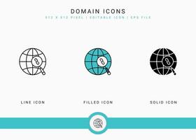 Domain icons set vector illustration with solid icon line style. Website address concept. Editable stroke icon on isolated background for web design, user interface, and mobile application