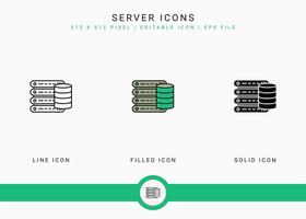 los iconos del servidor establecen una ilustración vectorial con un estilo de línea de icono sólido. concepto de datos de nube web. icono de trazo editable en un fondo aislado para diseño web, interfaz de usuario y aplicación móvil vector