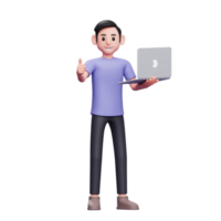 boy standing holding laptop with left hand giving thumbs up 3d render character illustration