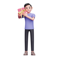 Boy guesses the contents of a gift by listening to it, boy celebrating valentine's day 3d illustration png