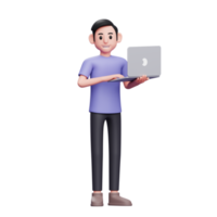 niño de pie sosteniendo una computadora portátil y escribiendo mientras mira a la cámara ilustración de personaje de representación 3d png