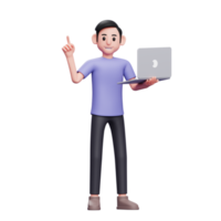 niño de pie sosteniendo la computadora portátil con la mano izquierda y levantando el dedo tiene una idea 3d render ilustración de personaje png
