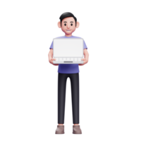 man standing holding laptop with both hands 3d render character illustration png