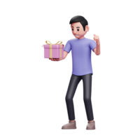 el niño está feliz y celebra la victoria cuando recibe un regalo de san valentín, concepto de día de san valentín de ilustración de personaje 3d png