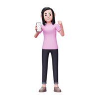 Mulher de ilustração de personagem 3d mostrando a tela do telefone com gesto vencedor recebendo boas notícias