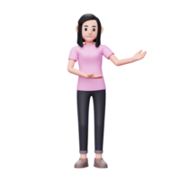 Happy woman showing hand to copy space with both hands, presenting or introducing gesture. Advertisement or product presenting concept. 3d render character illustration