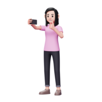 dulce chica posando tome una selfie por teléfono móvil, grabe video para contenido de medios sociales con un pulgar hacia arriba, ilustración de personaje 3d png
