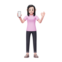 mujer sosteniendo un teléfono móvil con pantalla en blanco y mostrando el dedo ok, ilustración de personajes en 3d png