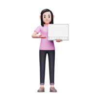 garota oferecendo produto mostrando a ilustração de personagem de renderização 3d da tela do laptop png