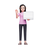 menina segurando laptop enquanto dá sinal de ok com mão 3d render ilustração de personagem png