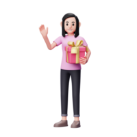 Girl waving say hi and holding a pink gift, Valentine's day concept 3d character illustration png