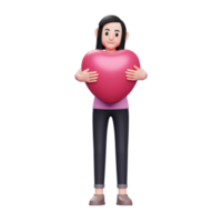 girl hugging pink heart 3d character illustration, girl celebrating valentine's day 3d illustration png