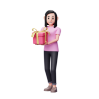 fille portant un cadeau rose en marchant pour célébrer la saint-valentin, concept de la saint-valentin illustration de personnage 3d png