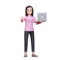 niña de pie sosteniendo la computadora portátil y dando pulgares hacia arriba ilustración de personaje de renderizado 3d png