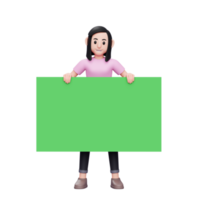 chica de pie y sosteniendo una gran pancarta verde, ilustración de personaje 3d mujer casual png