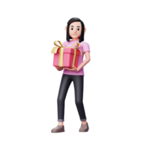 fille portant un gros cadeau de saint valentin à deux mains, illustration de personnage 3d célébration de la saint valentin png