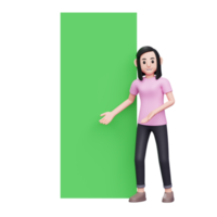 menina mostra algo no banner roll up x tela verde em pé, ilustração de personagem 3d mulher casual