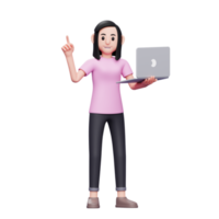 menina segurando laptop e levantando o dedo tem uma ideia ilustração de personagem de renderização 3d png