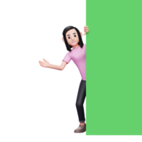 menina espiando, saindo por trás de um banner de tela verde, ilustração de personagem 3d mulher casual png