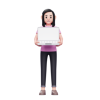 Girl holding laptop with both hands 3d render character illustration png