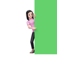 menina espiando, mostrando algo em um banner de tela verde enrolado, ilustração de personagem 3d mulher casual png
